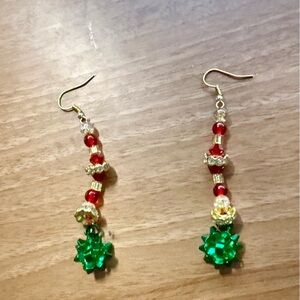 Elegant Christmas Red and Green Beaded and Bow Earrings